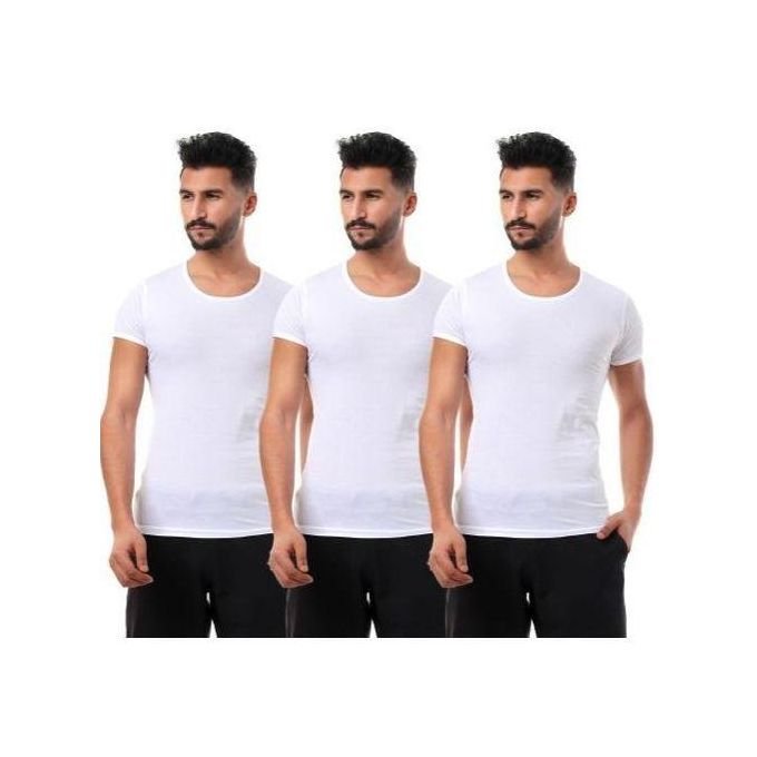 طقم فانلات داخلية رجالي نصف كم بفتحة رقبة دائرية (حوض) قطن 100% (3 قطع) من داين